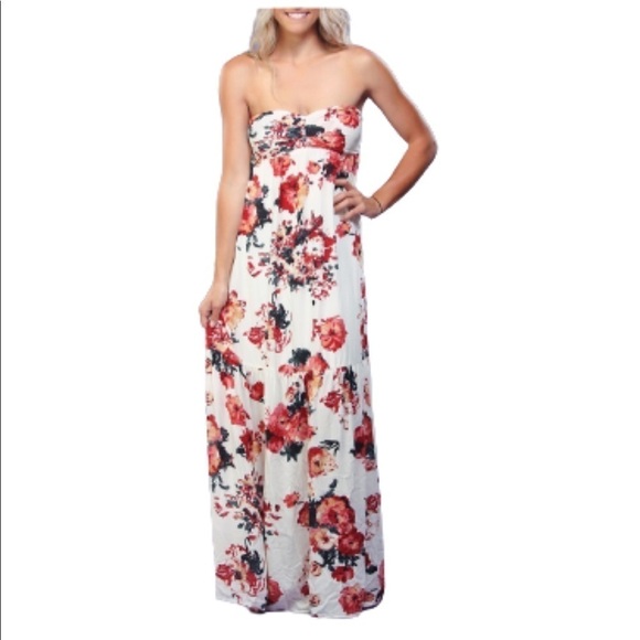 Love Stitch Floral Pink Red Strapless Maxi Dress size small NWT - Picture 1 of 11